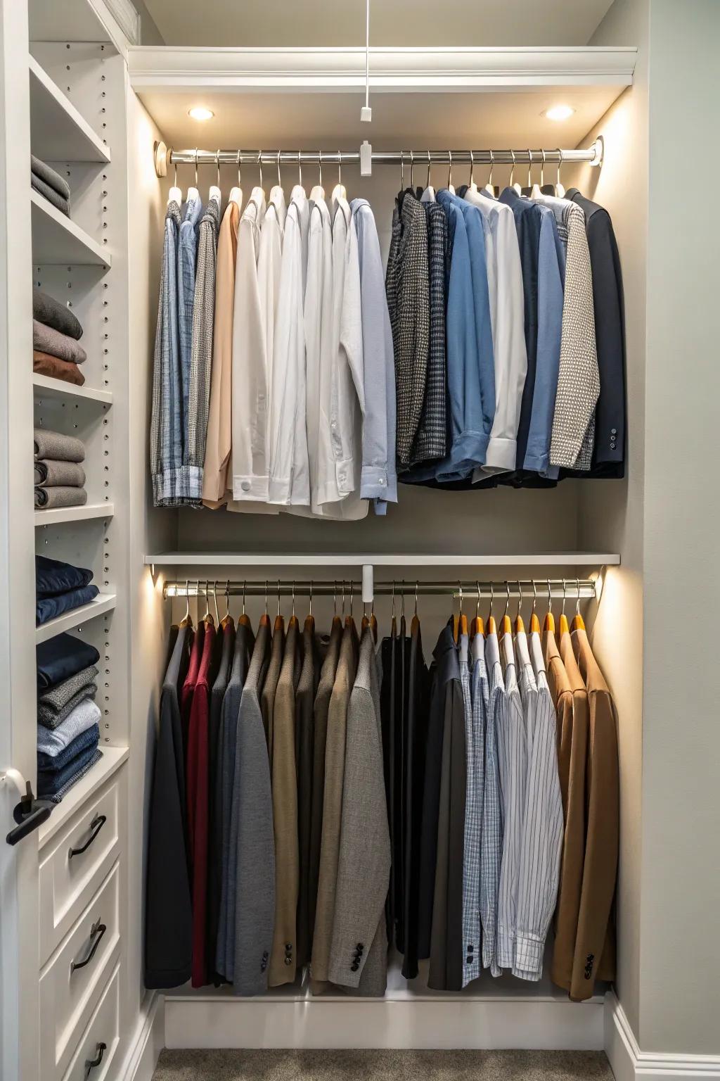 Double your hanging space with layered rods.