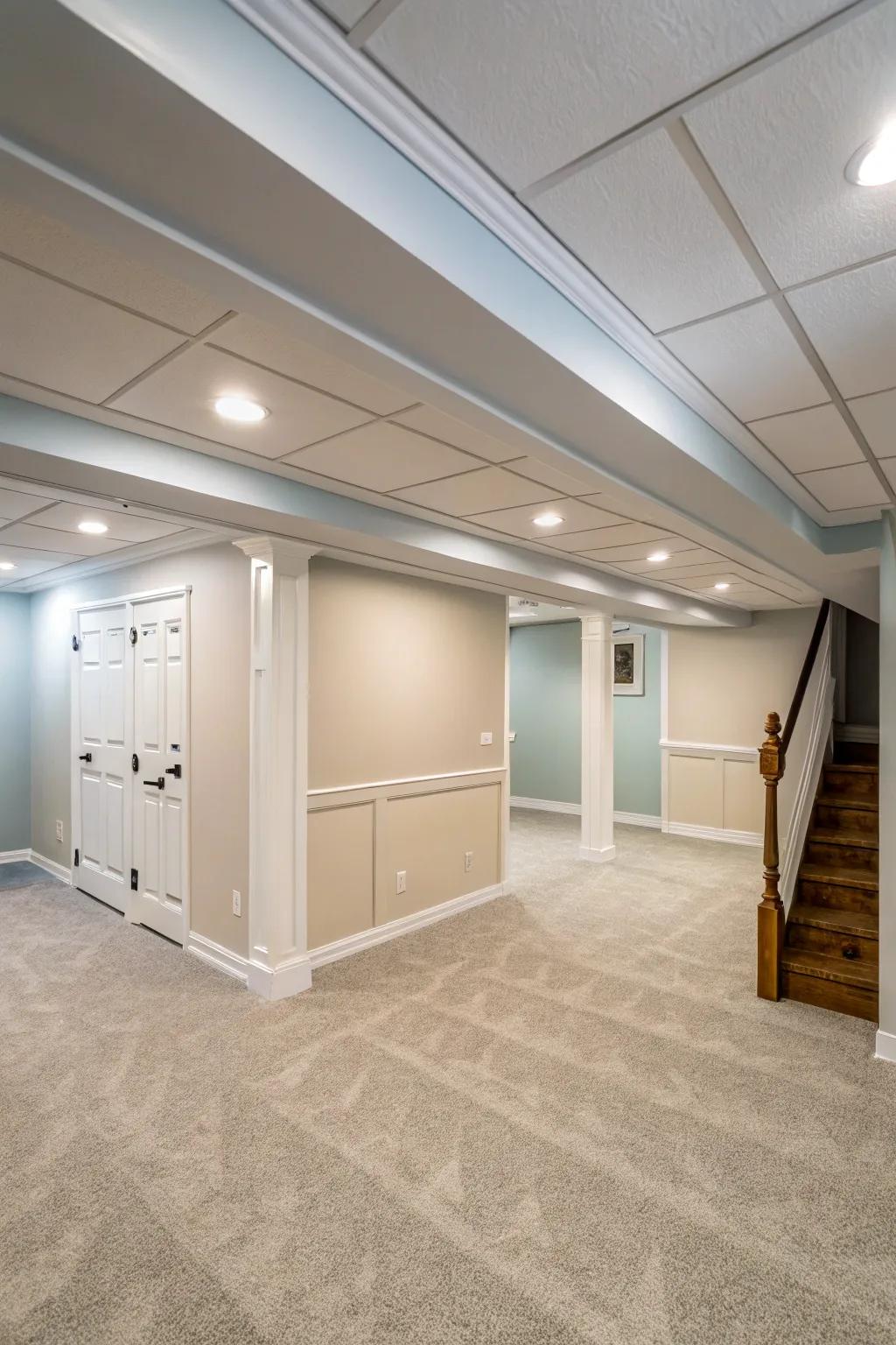 Your basement ceiling can visually be raised by using light colors.