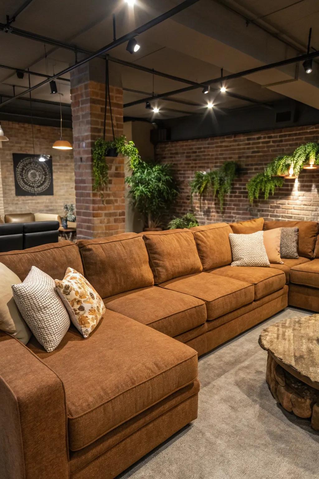 Earthy tones create an inviting 70s-style seating area.