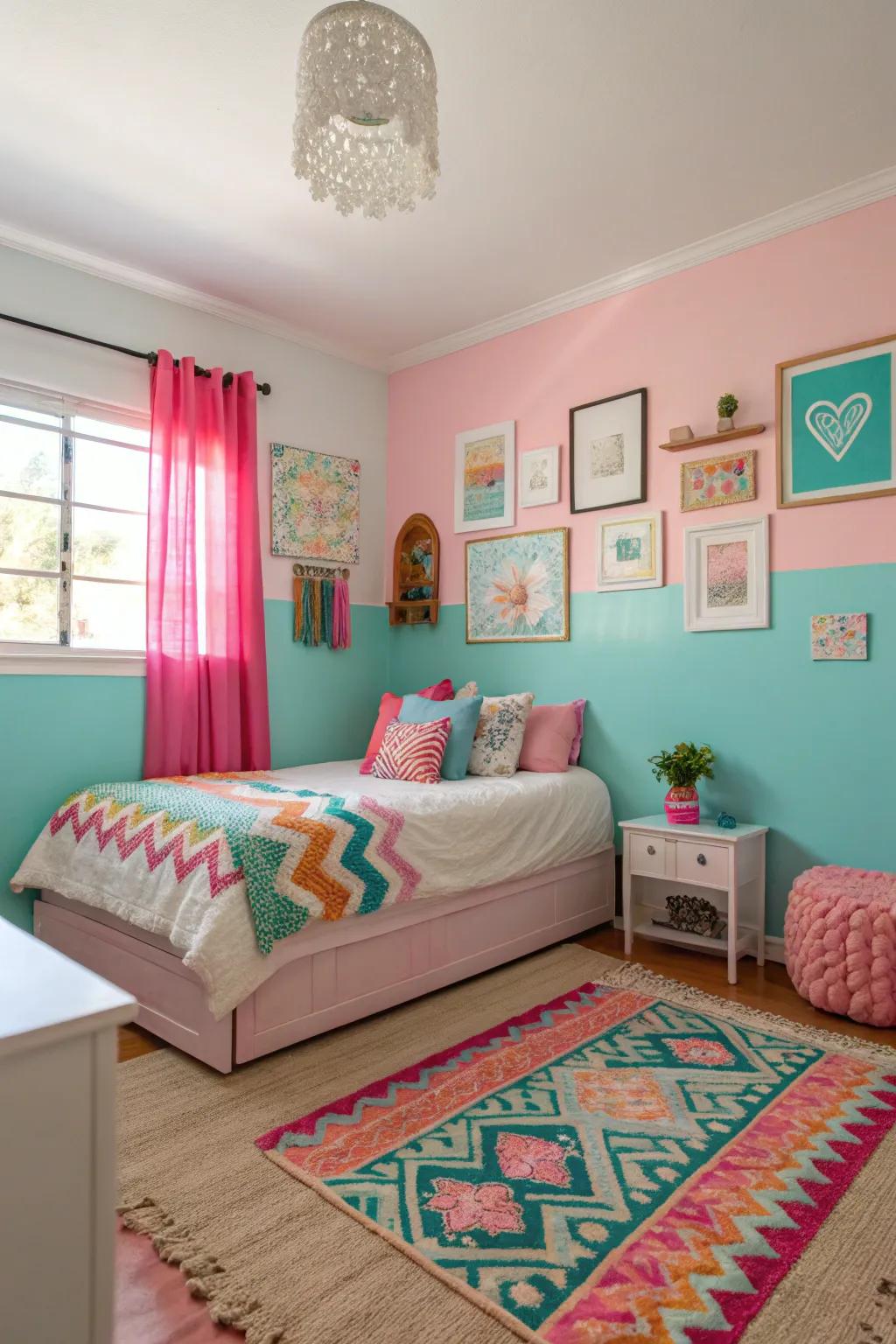 Bright and pastel colors bring vibrancy and cheerfulness to the room.