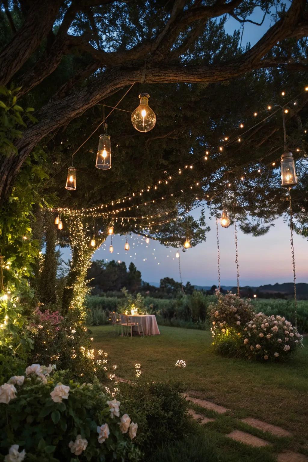Alluring string lights illuminate a garden party venue.