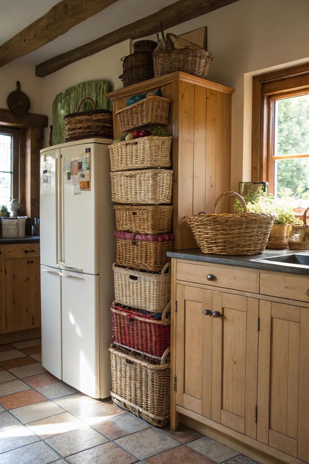 Braided baskets introduce both aesthetic and storage to the area above your fridge.