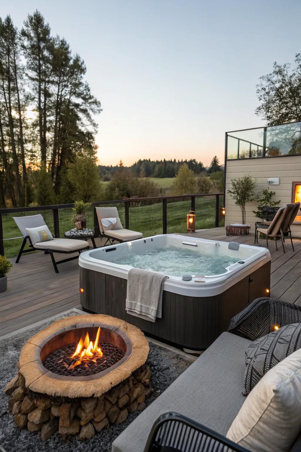A fire source delivers warmth and atmosphere to your hydro-therapy tub evenings.