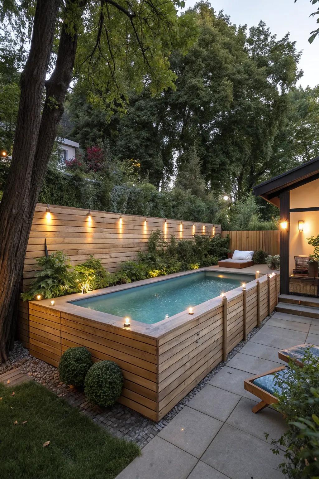 Design a cozy, modern poolside getaway with wood paneling.