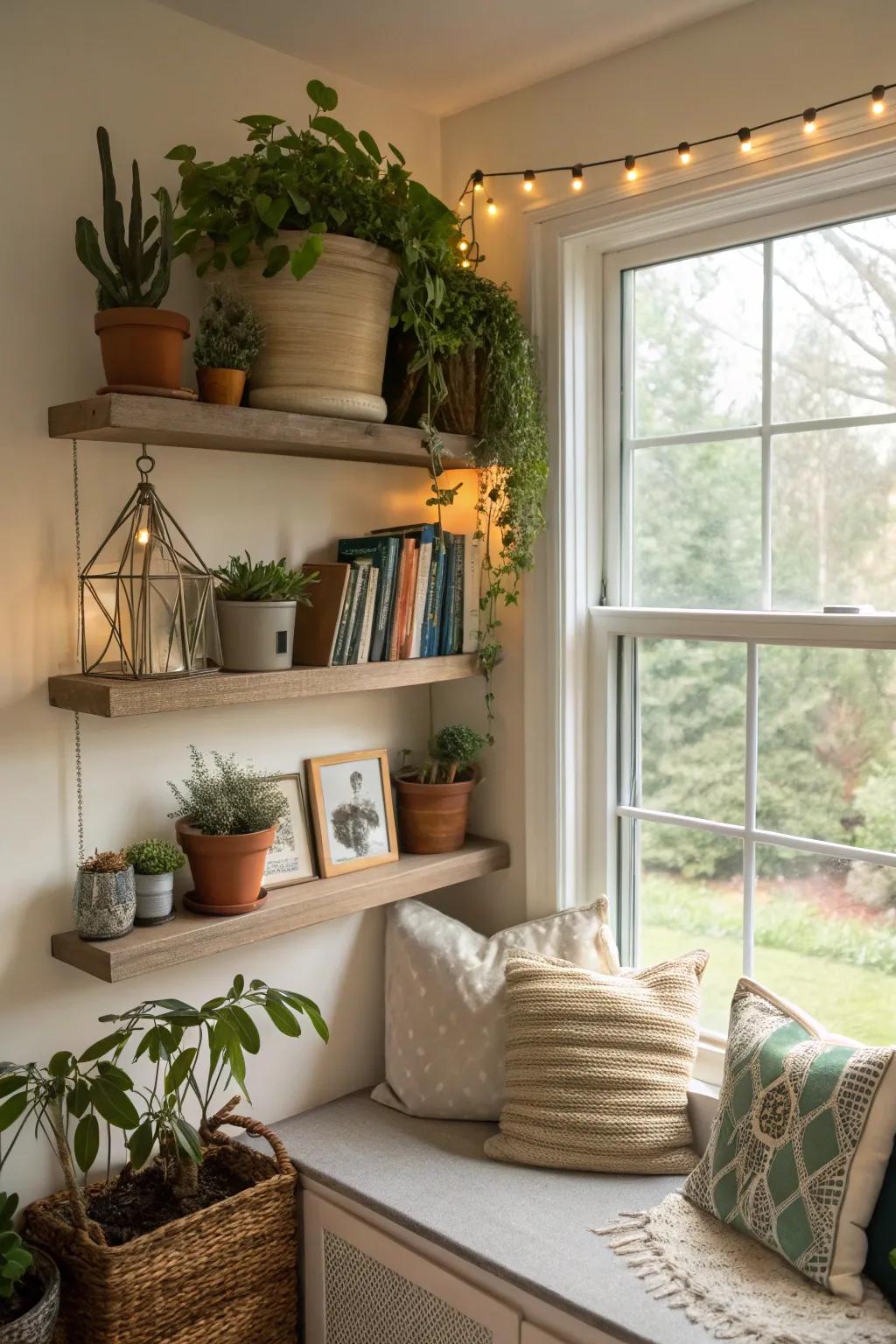 Wall-mounted ledges introduce practical beauty to window spaces.