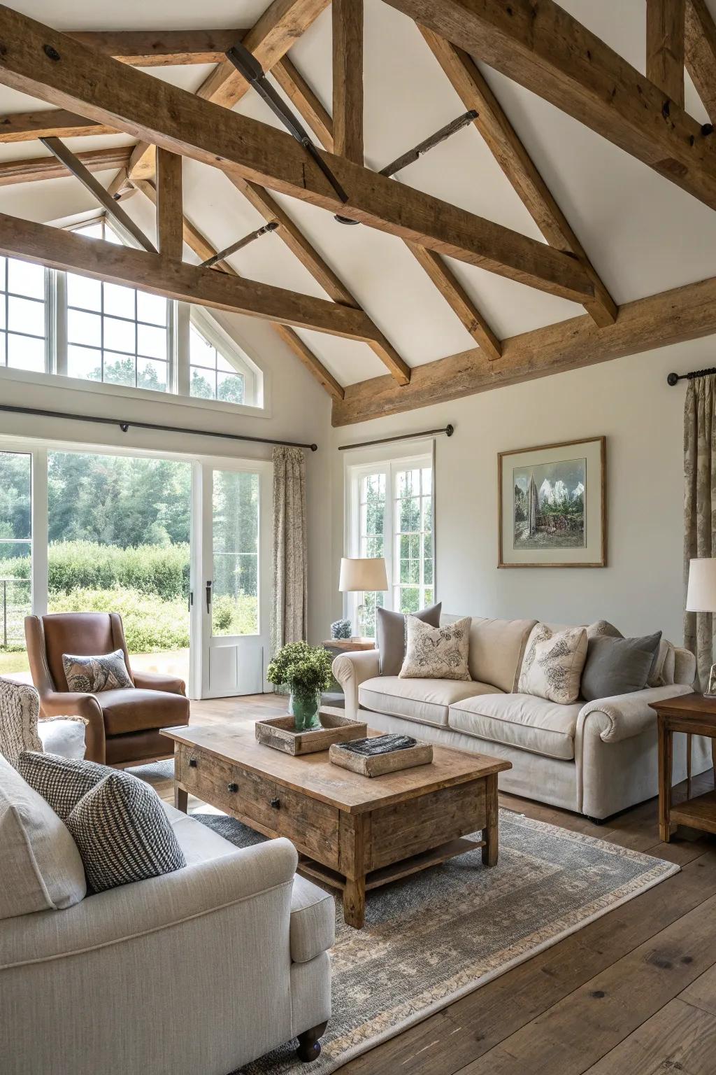 Painted joists introduce a fresh spin to this rustic-inspired area.
