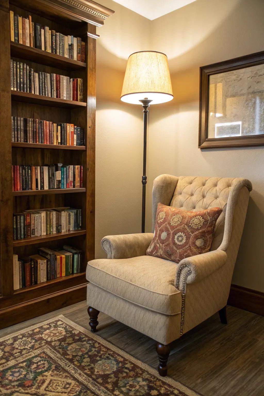 A reading nook featuring a plush armchair and bookcase creates a cozy retreat.