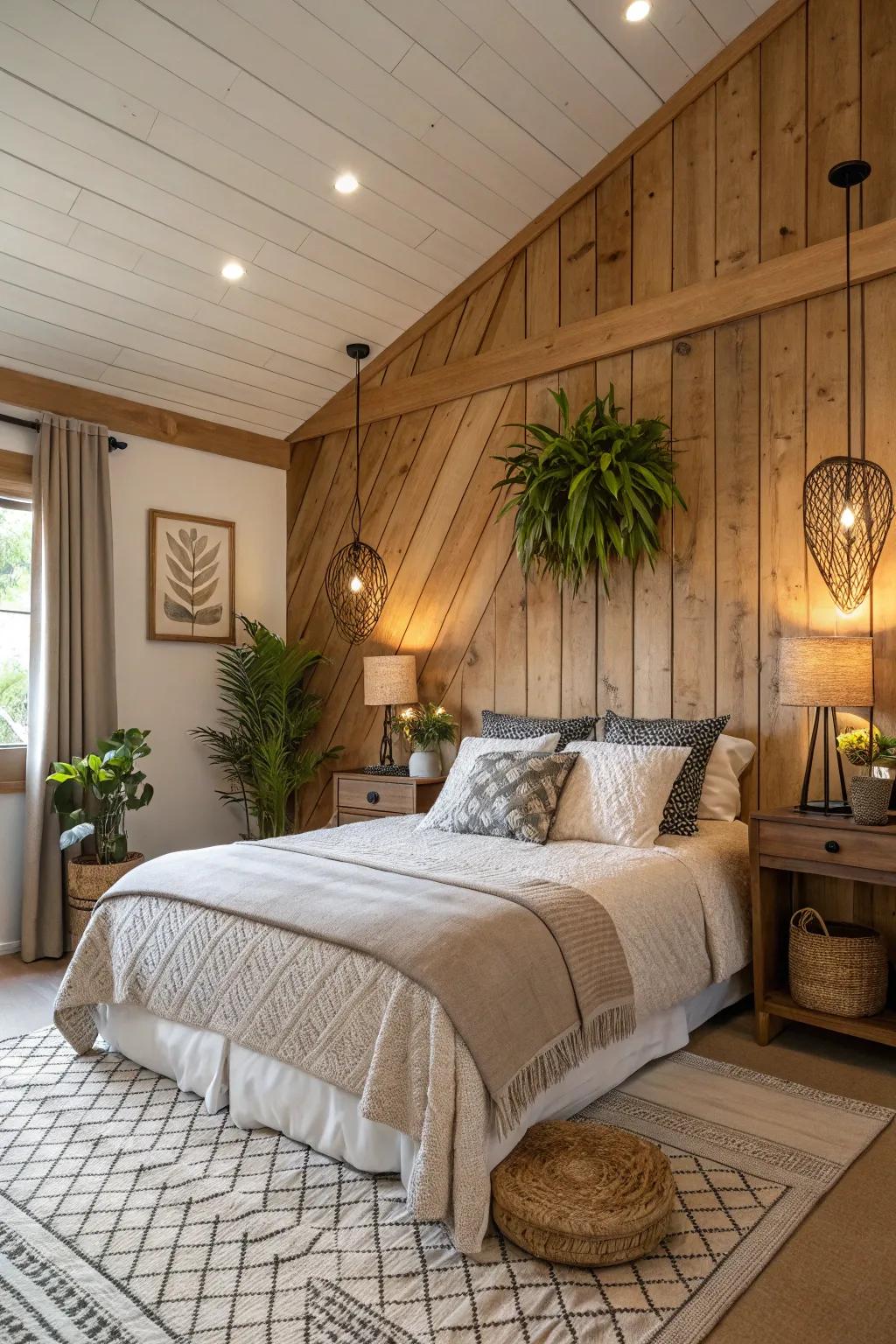 Wood cladding imparts a natural essence and cozy warmth to this peaceful bedroom ambiance.
