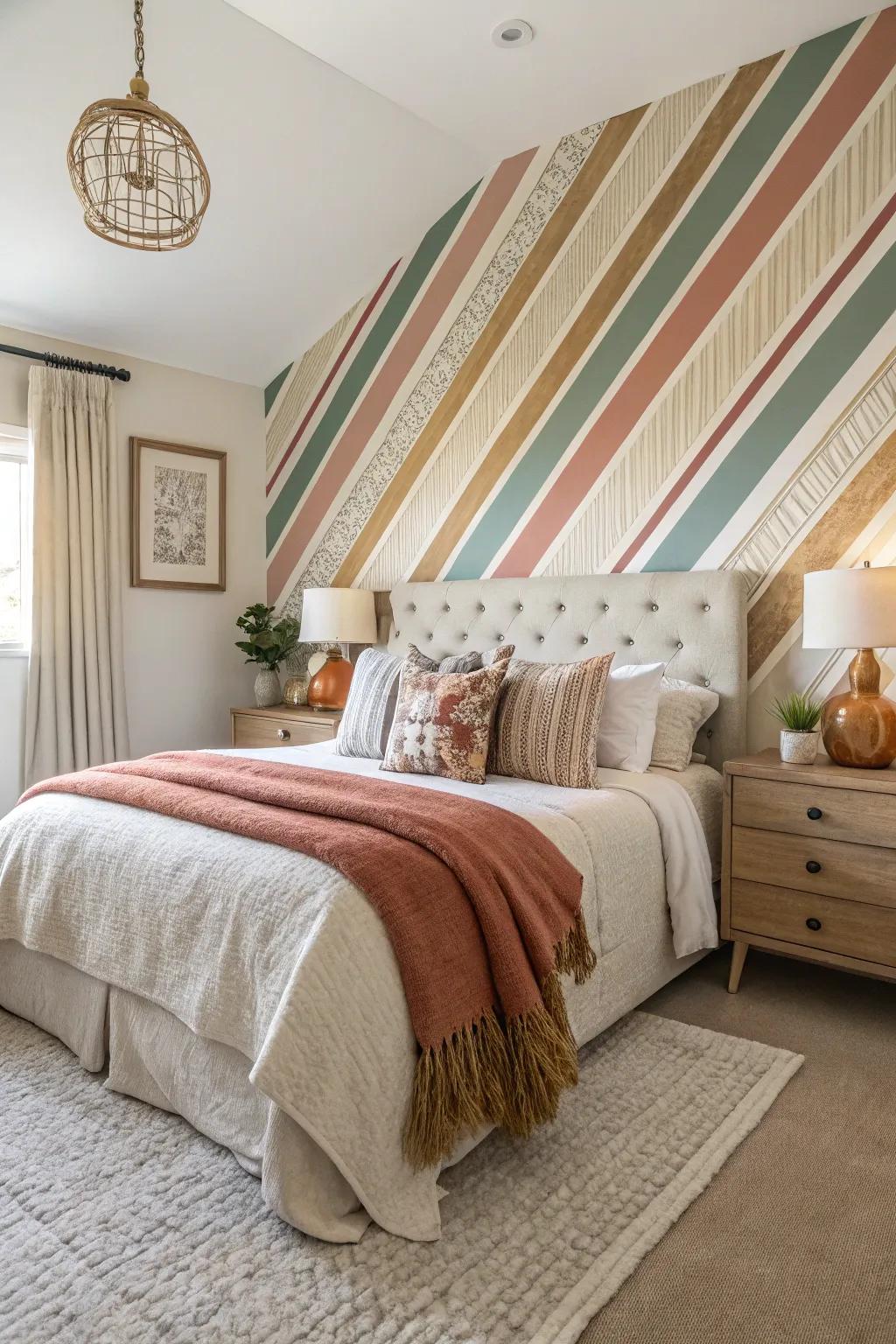 A bedroom amplified by a bold striped feature wall.
