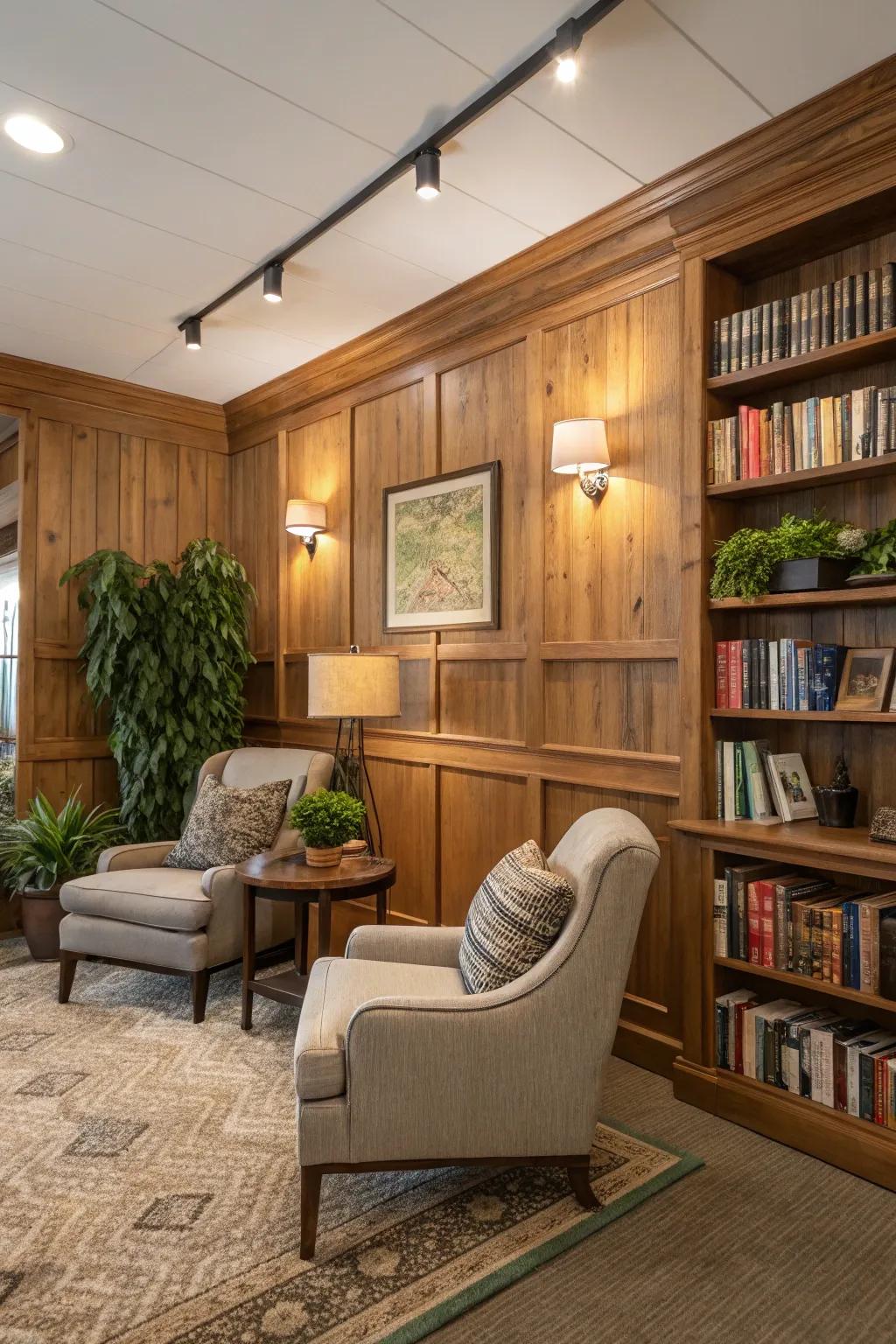 A study room featuring a wood-paneled accent wall for added warmth.