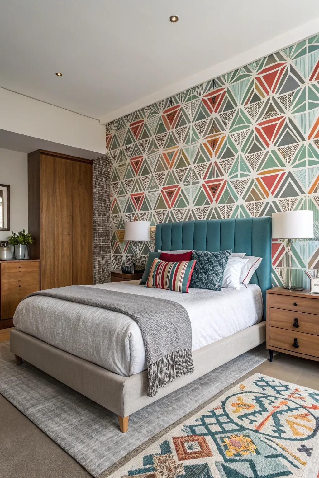 Geometric wallpaper provides a captivating focal point in a modern bedroom.