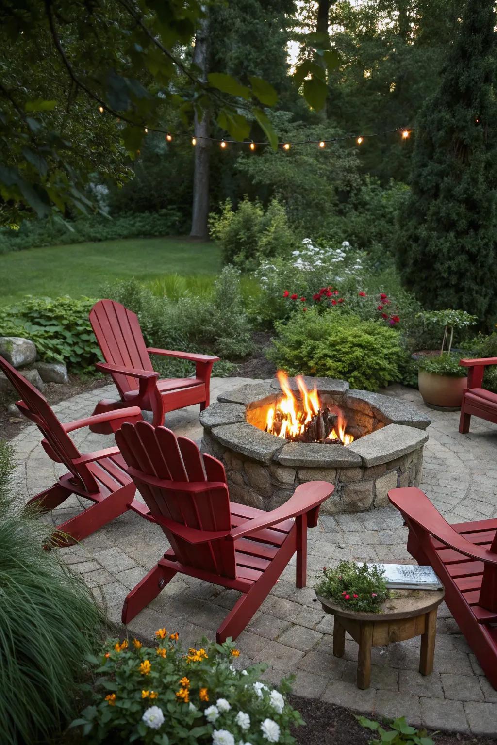 Striking crimson chairs infusing the garden with energy.