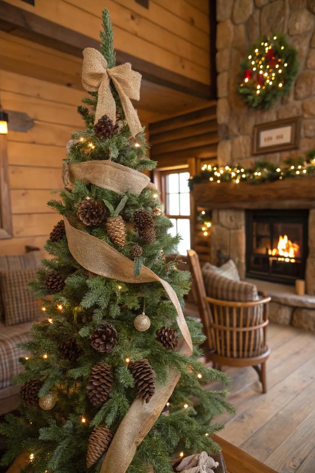 A rustic Christmas tree enhanced with natural materials for a snug cabin atmosphere.