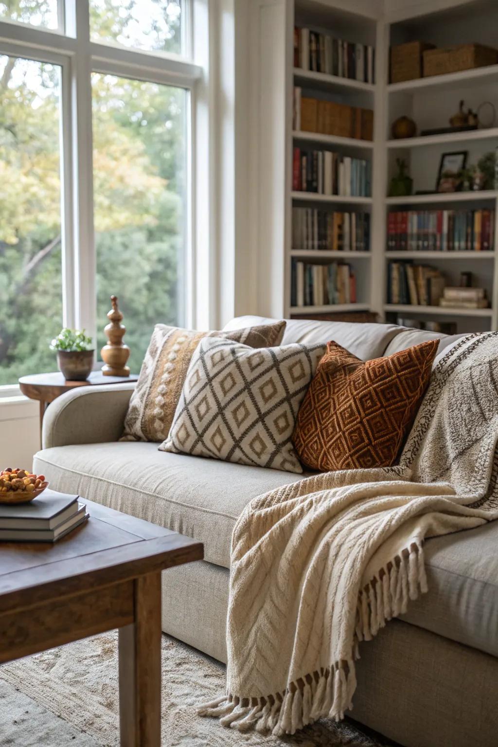 A comfortable living space featuring layered textures to maximize relaxation.