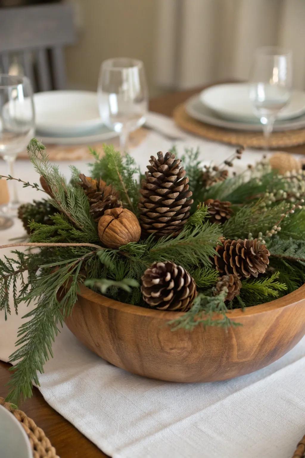 A natural winter tablescape featuring evergreens and cones