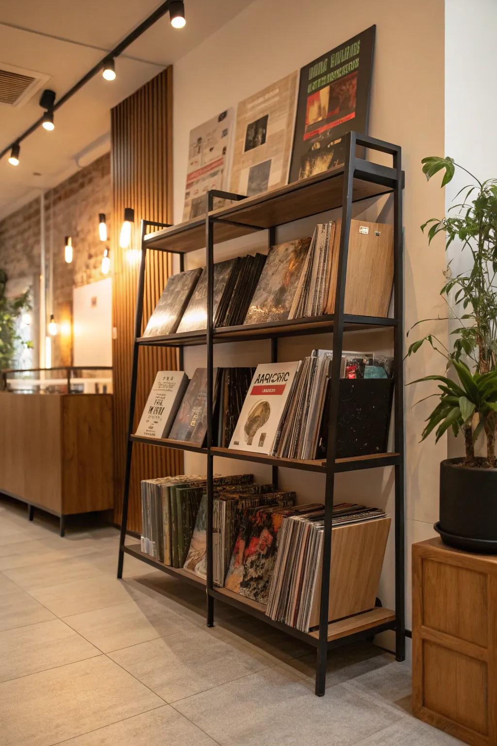 A stylish multi-level storage stand for organizing vinyl records and books.