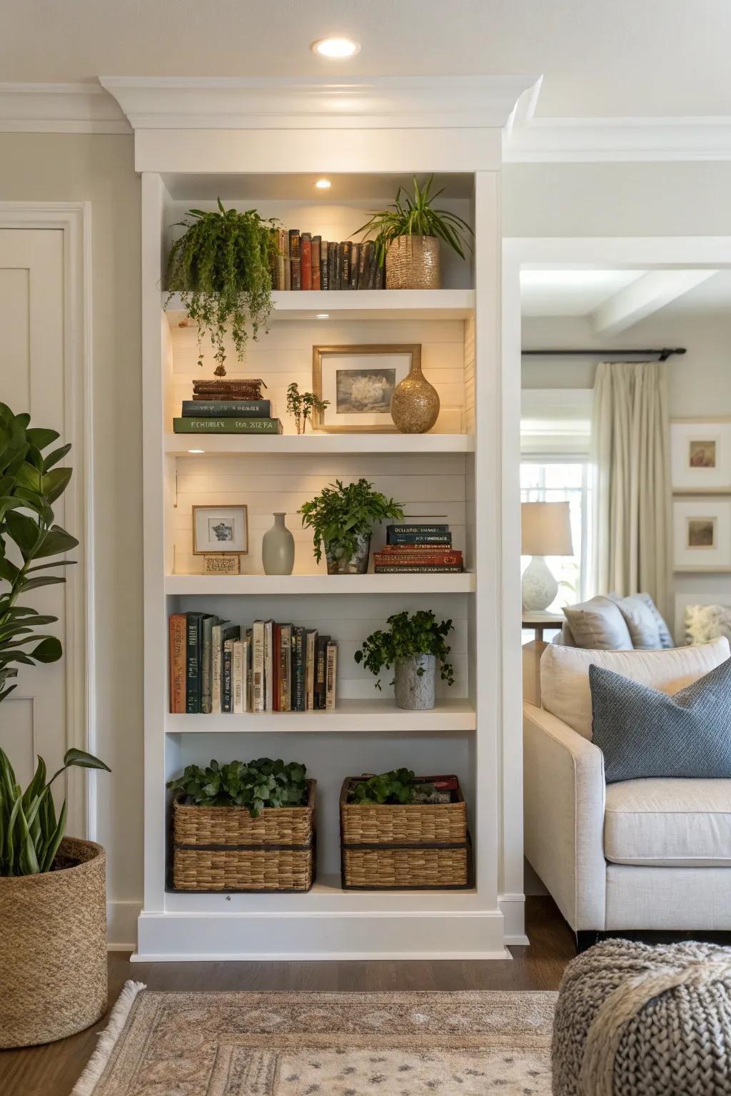 Attain harmony through balanced alcove shelving layouts.