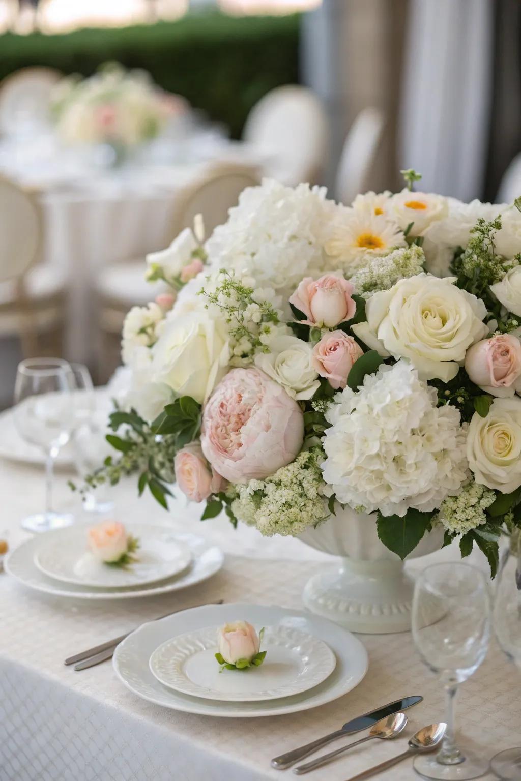 Extravagant ivory floral arrangements bringing an element of elegance to the party.