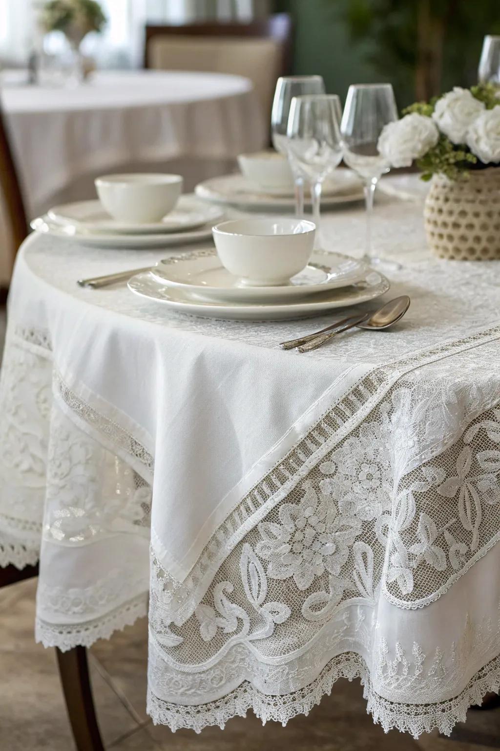 Layered white linens enhance the dining table with texture and elegance.
