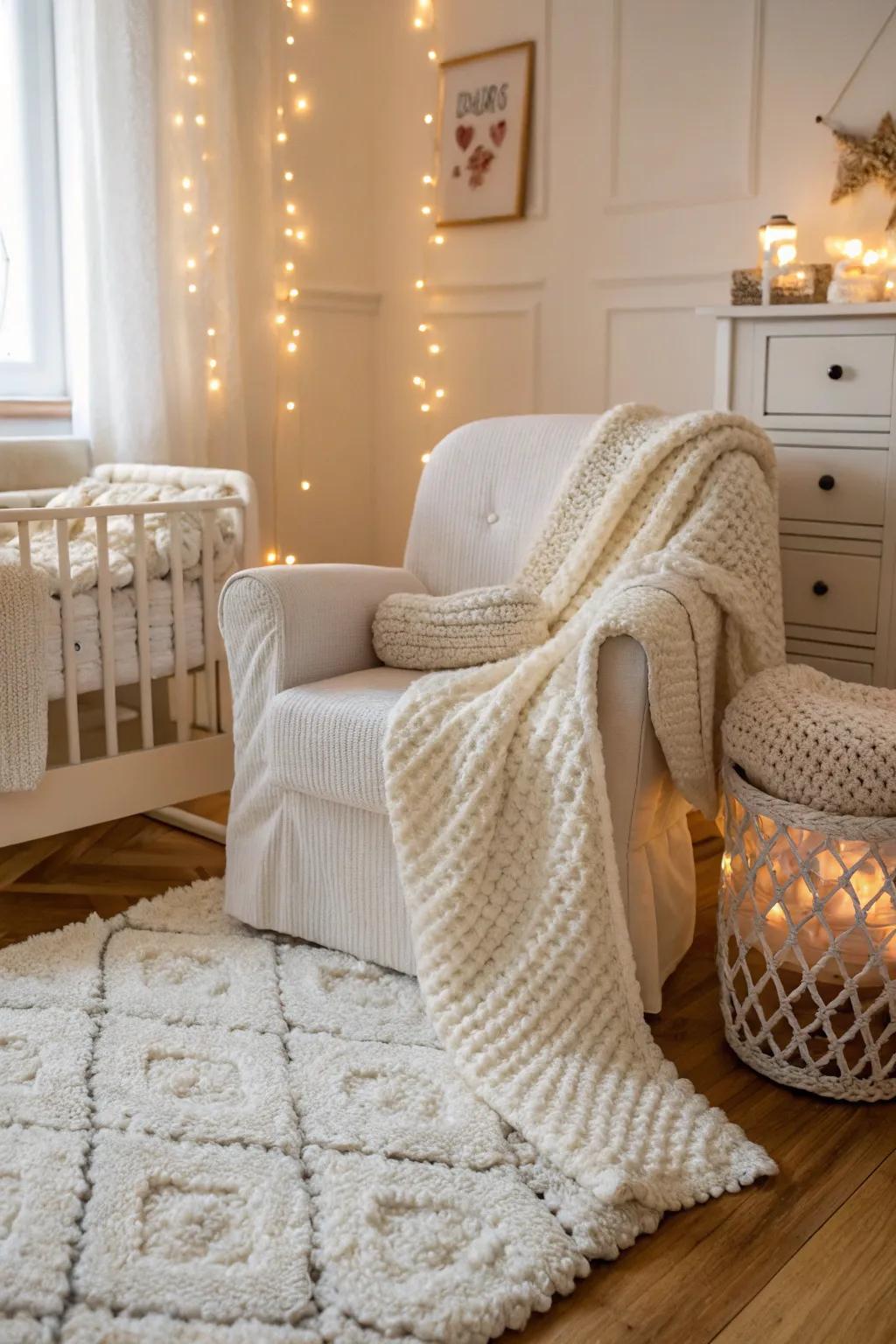 Gentle materials infuse warmth into a completely white nursery.