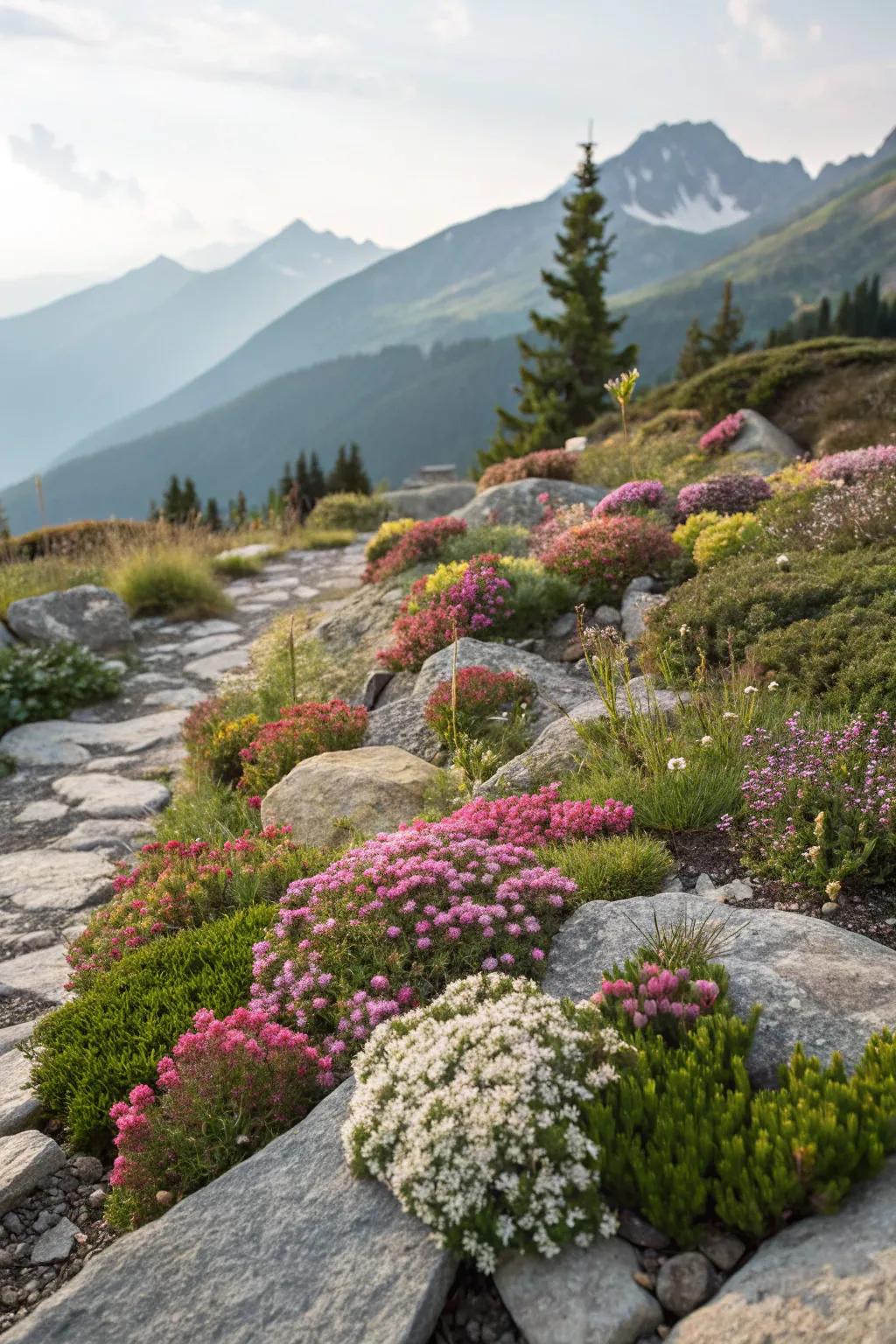 A vibrant showcase of alpine plants injecting life into the rocks.