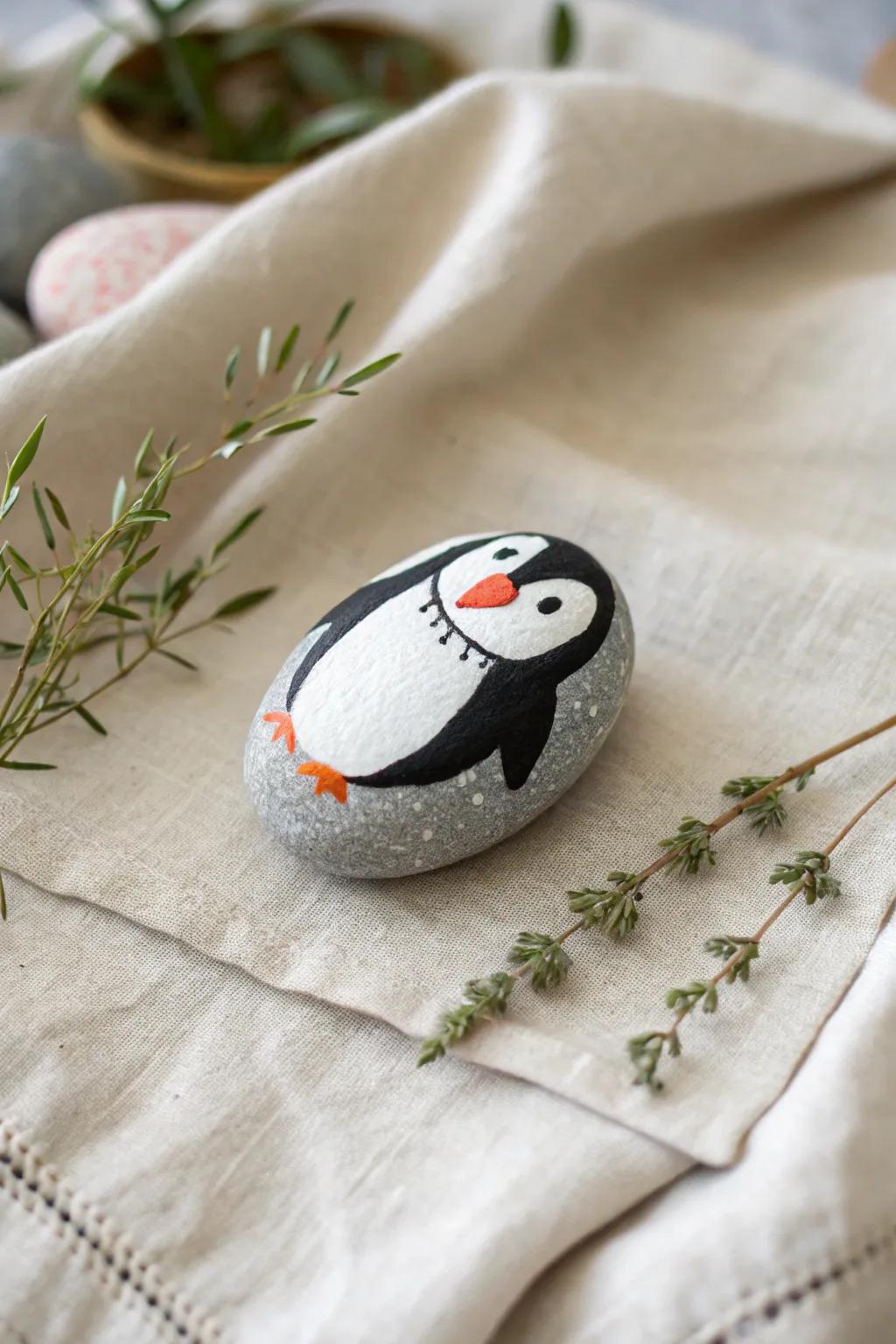 Convert pebbles into delightful penguin figures with a minimalist aesthetic.