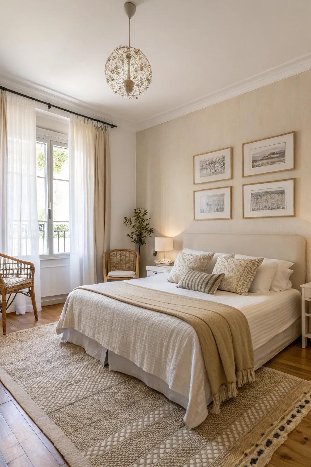 A bedroom in an apartment featuring a serene neutral color scheme of gentle whites and beiges.