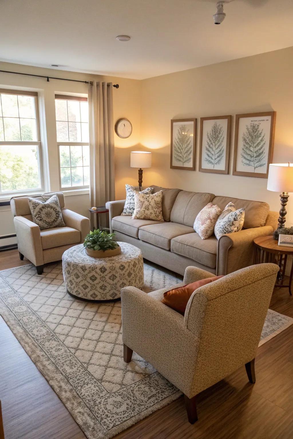 A conversational seating plan in a compact living room.