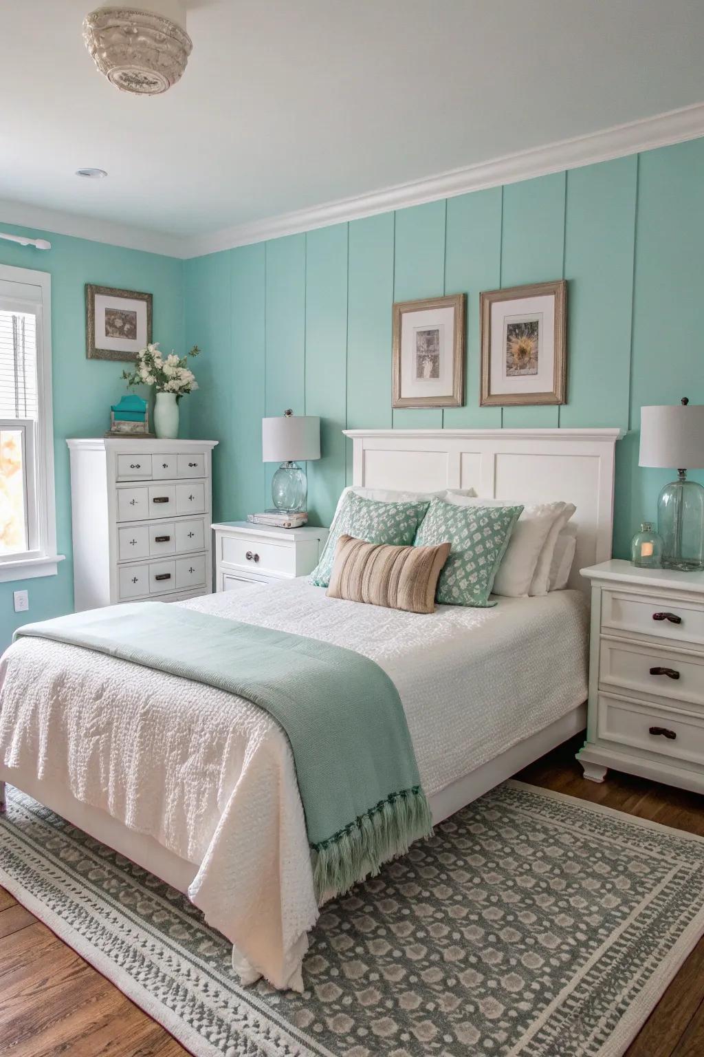 White and neutral accents beautifully complement aqua walls.