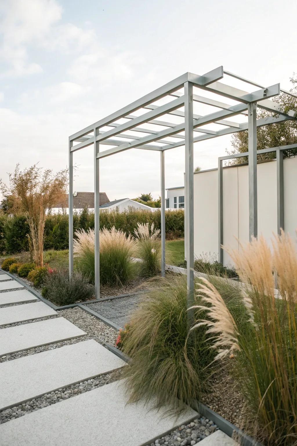 A modern metal pergola amplifies the contemporary character of this garden.