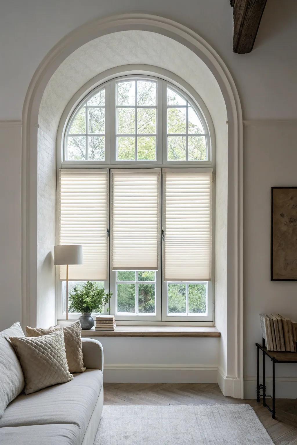 Minimalist setting showcasing precision-fit shades on arched windows.