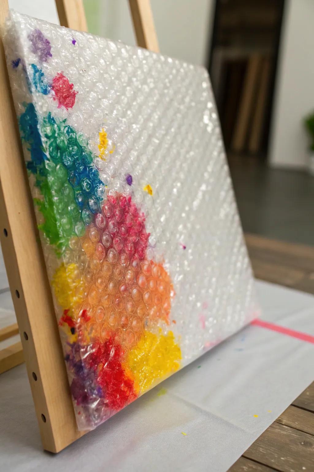 Produce playful textures utilizing cushioning wrap, resulting in an engaging artistic creation.