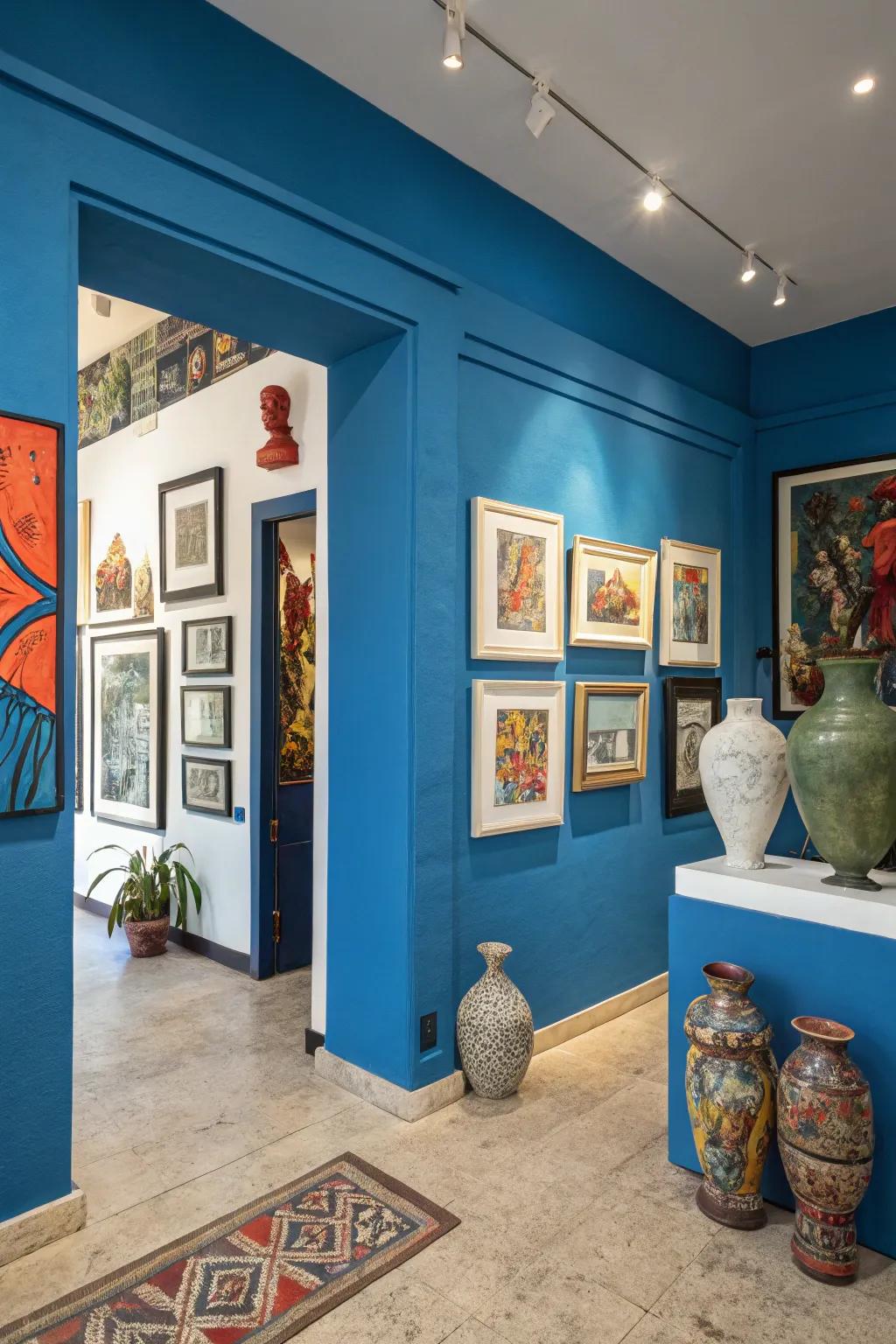 Walls adorned with striking hues establish an eye-catching setting for your compilation of artwork.