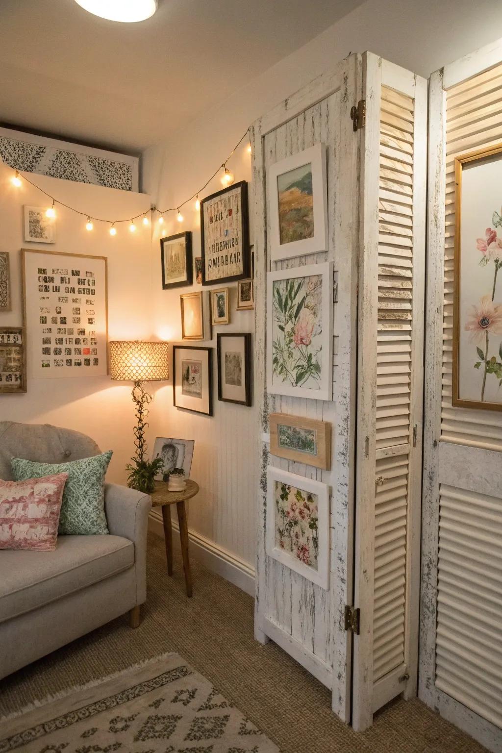 Inventive arrangement of art prints exhibited on vintage window coverings, exuding shabby-chic charm.