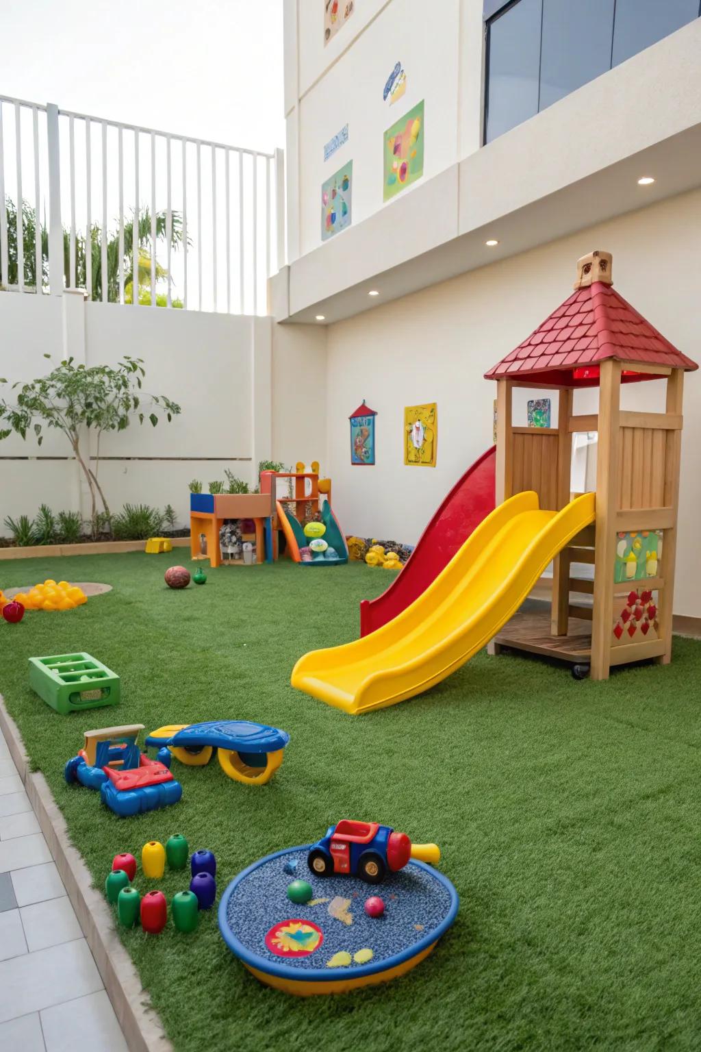 A child-friendly space using gentle synthetic turf.