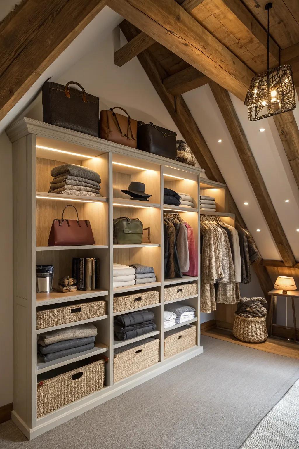 Custom shelving provides a streamlined and useful storage option.