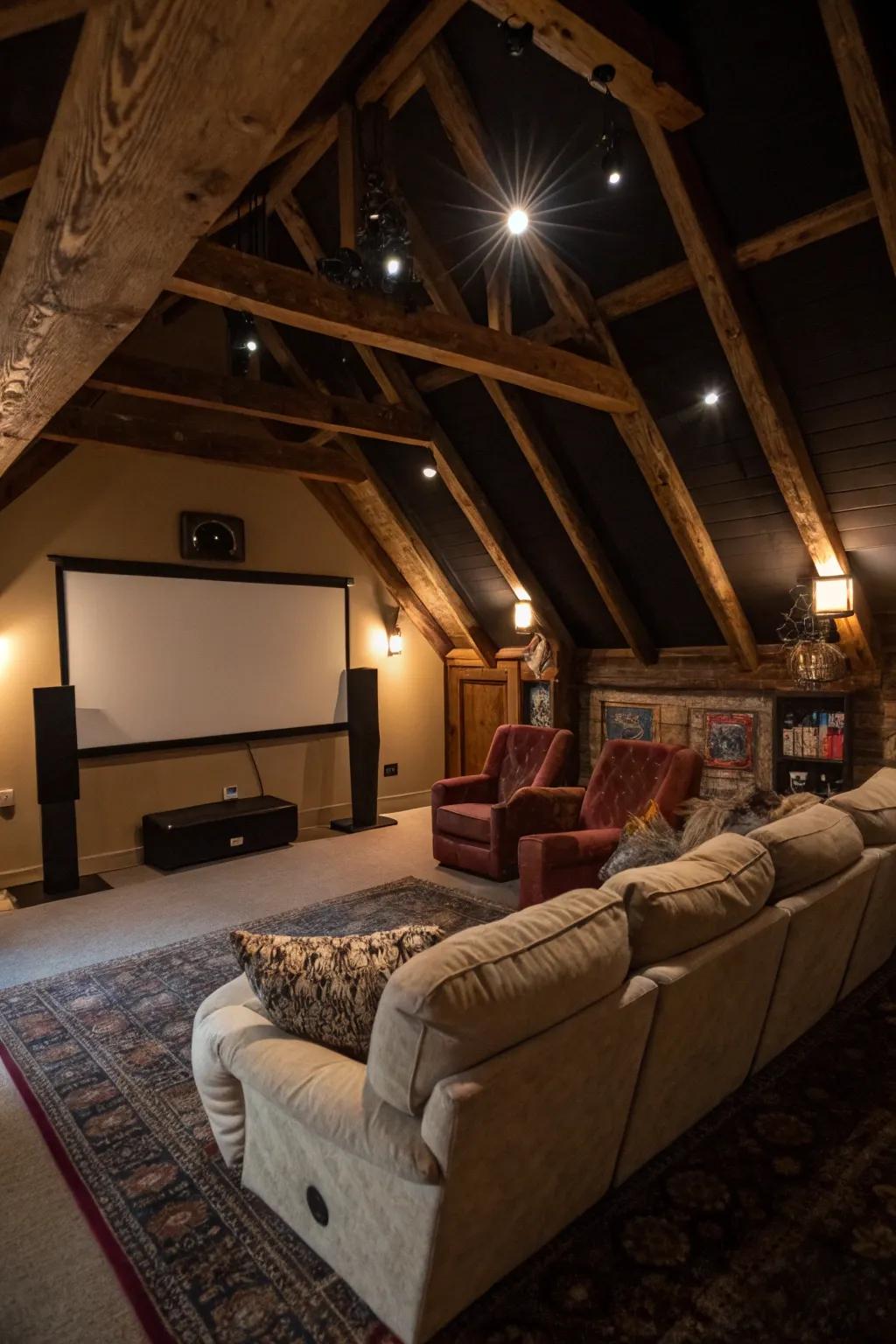 Savor movie nights within your personalized attic cinema.