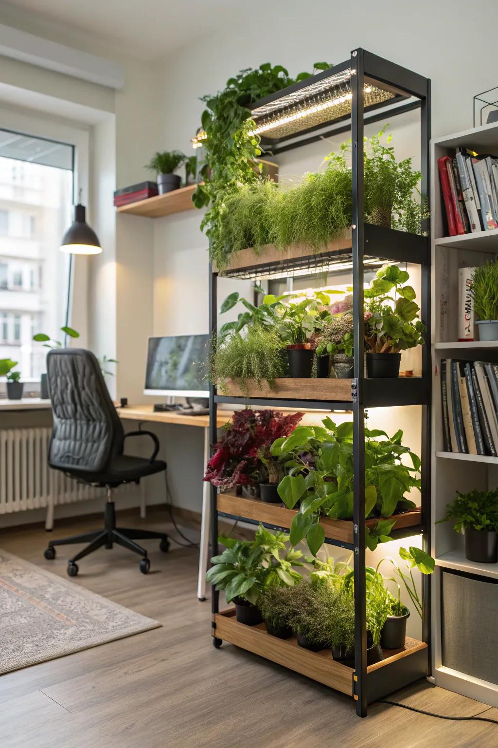 Tiered shelving with built-in grow lights exhibiting vibrant plants.