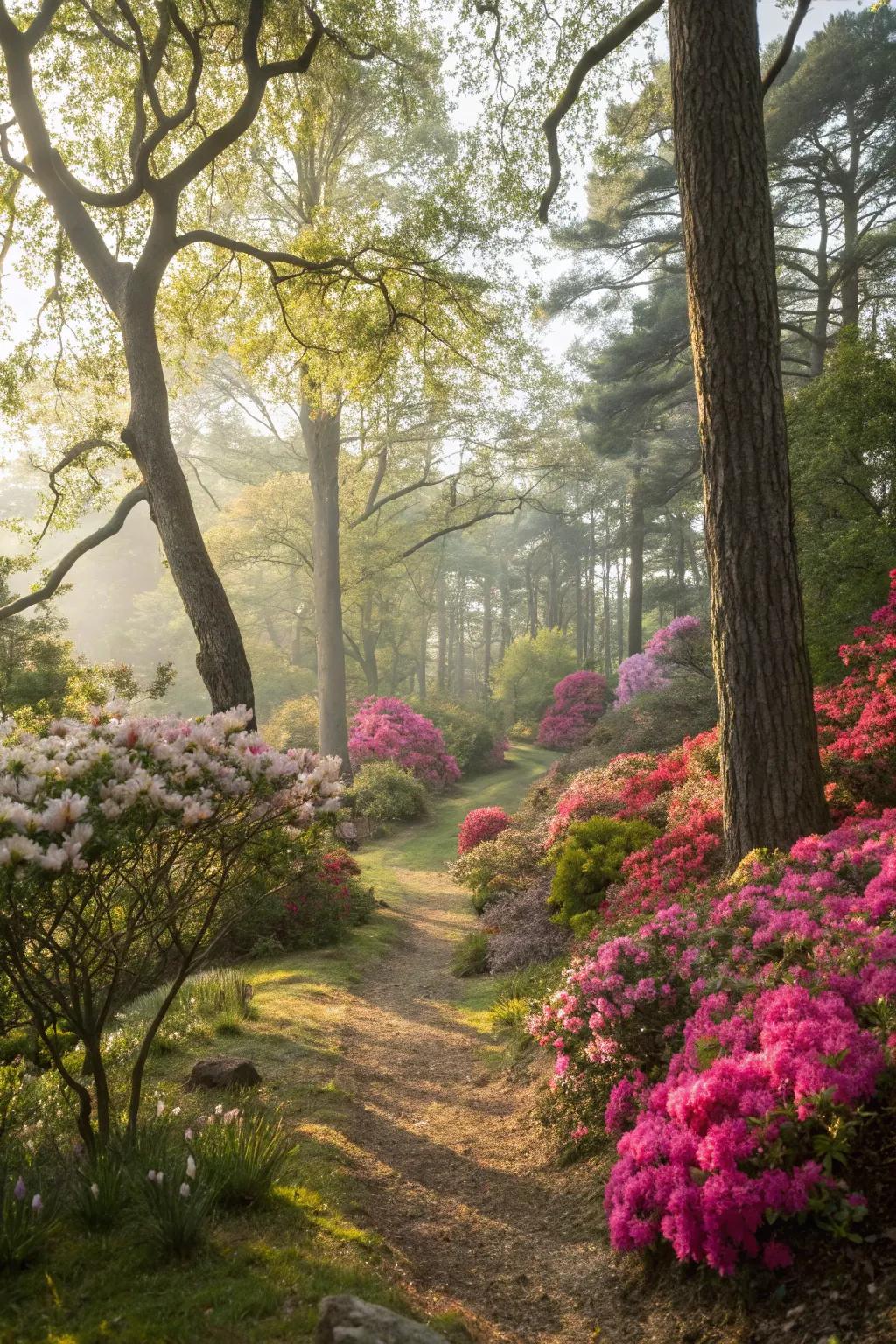 A tranquil woodland garden showcasing azaleas bathed in filtered sunlight.