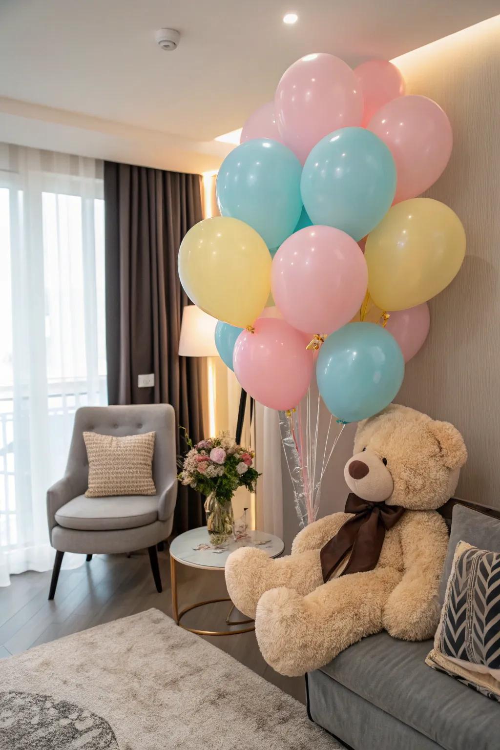 Comfort bears and balloons form a heartwarming pairing.