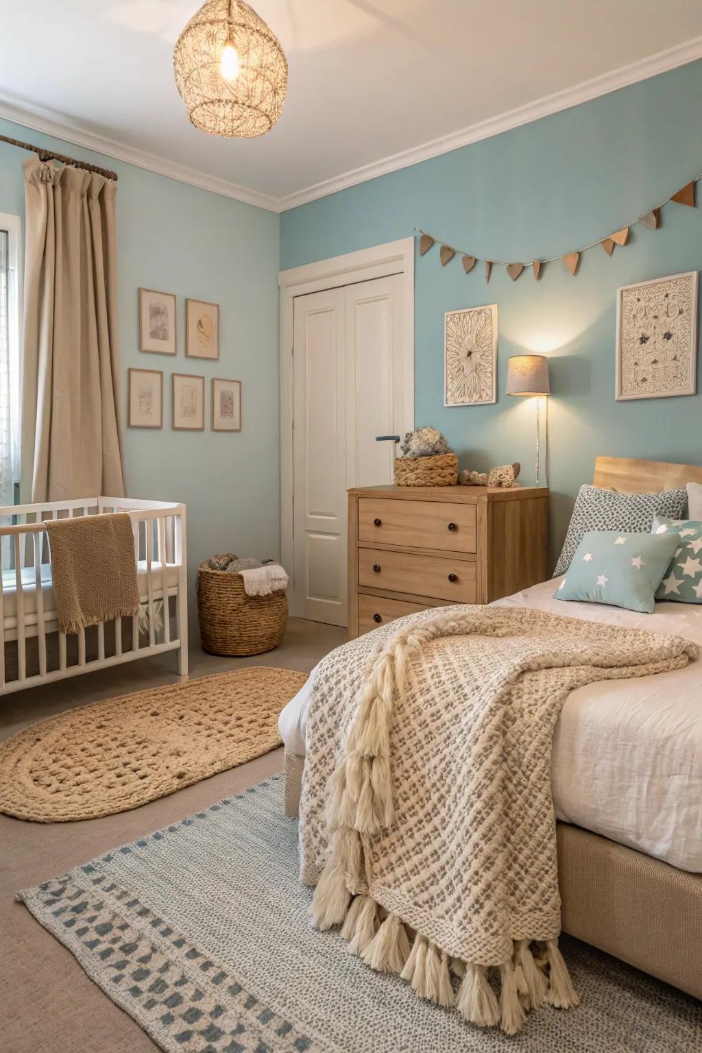 Comfortable neutral colors blend with gentle azure for a cozy bedroom atmosphere.