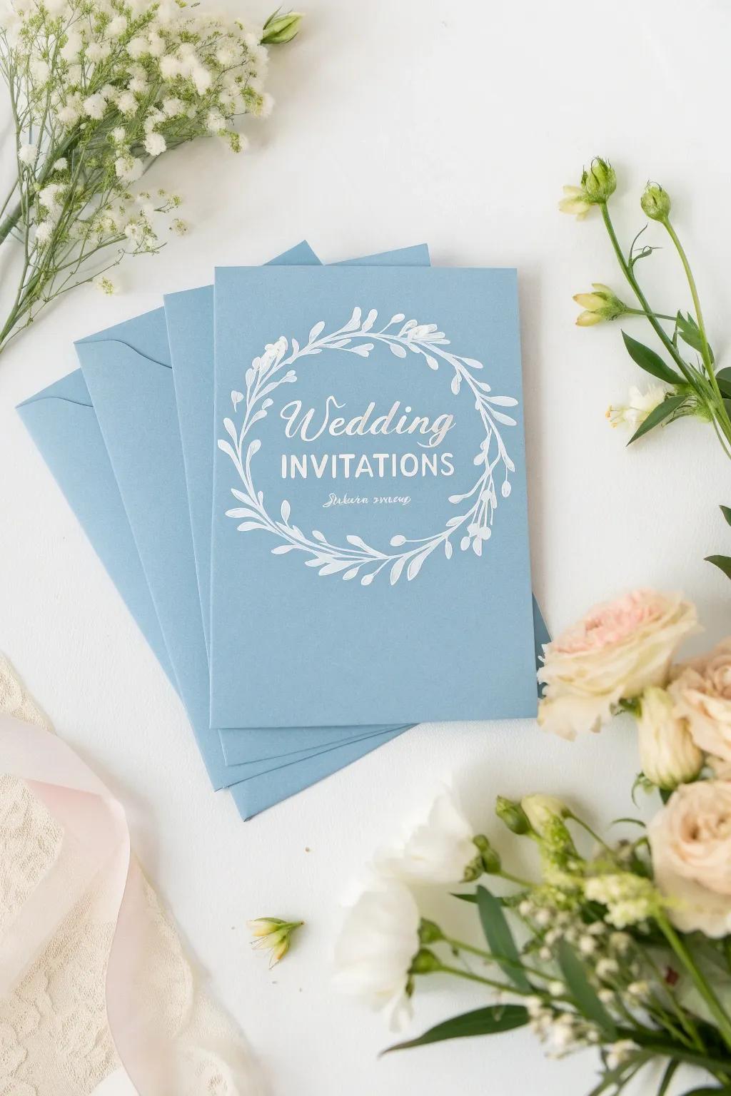 Azure invitations present a tranquil preview of your memorable day.