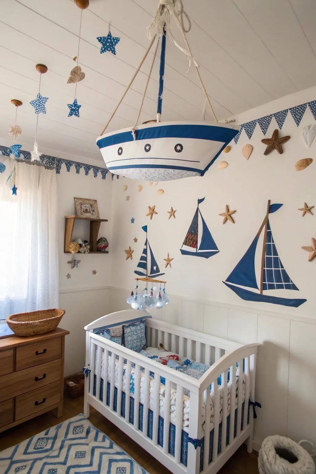 Embark on a voyage of dreamscapes with this maritime-themed nursery.