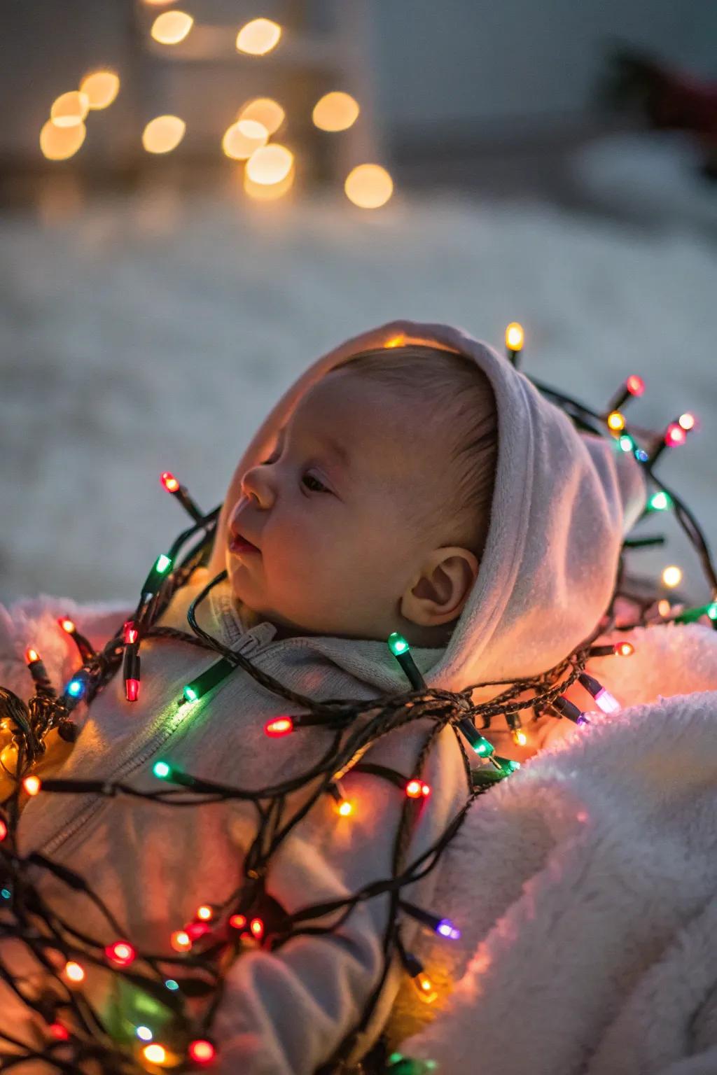 An infant illuminated by the delicate radiance of Yule illuminations.