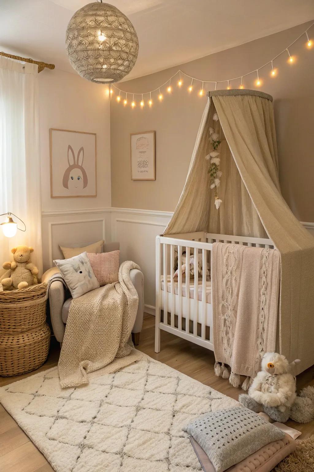 Using neutral shades ensures a calm and unified baby space in any bedroom.