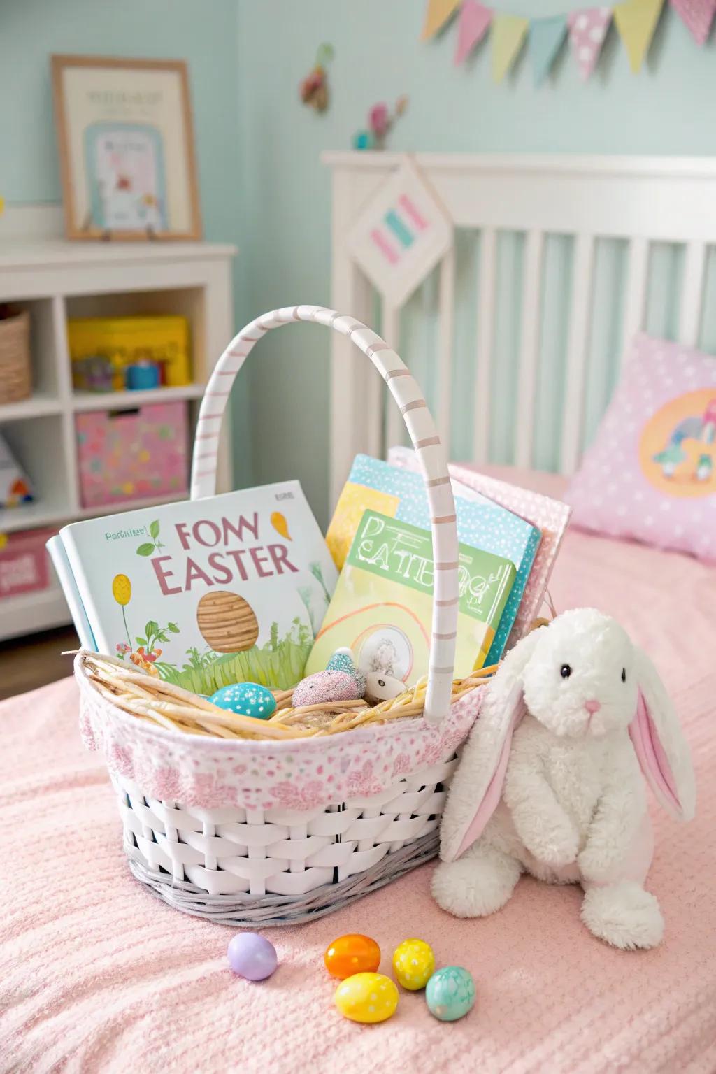 Interactive Easter storybooks nestled within a basket.
