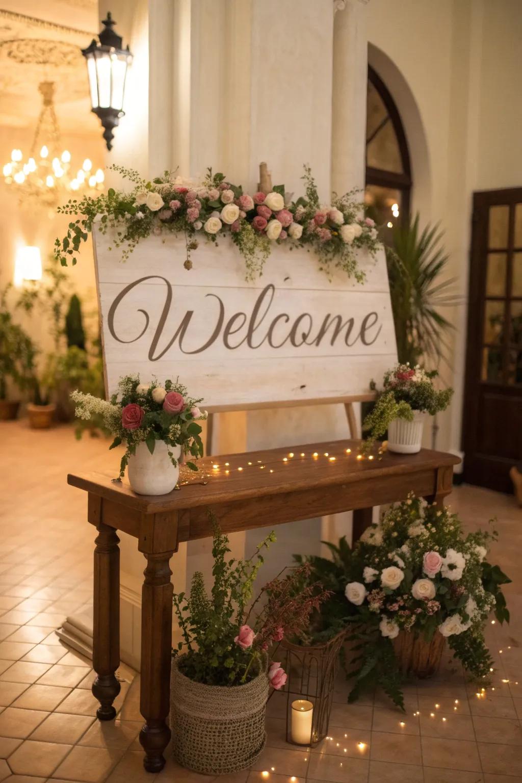 A personalized welcome sign introduces a heartfelt touch to the decor.