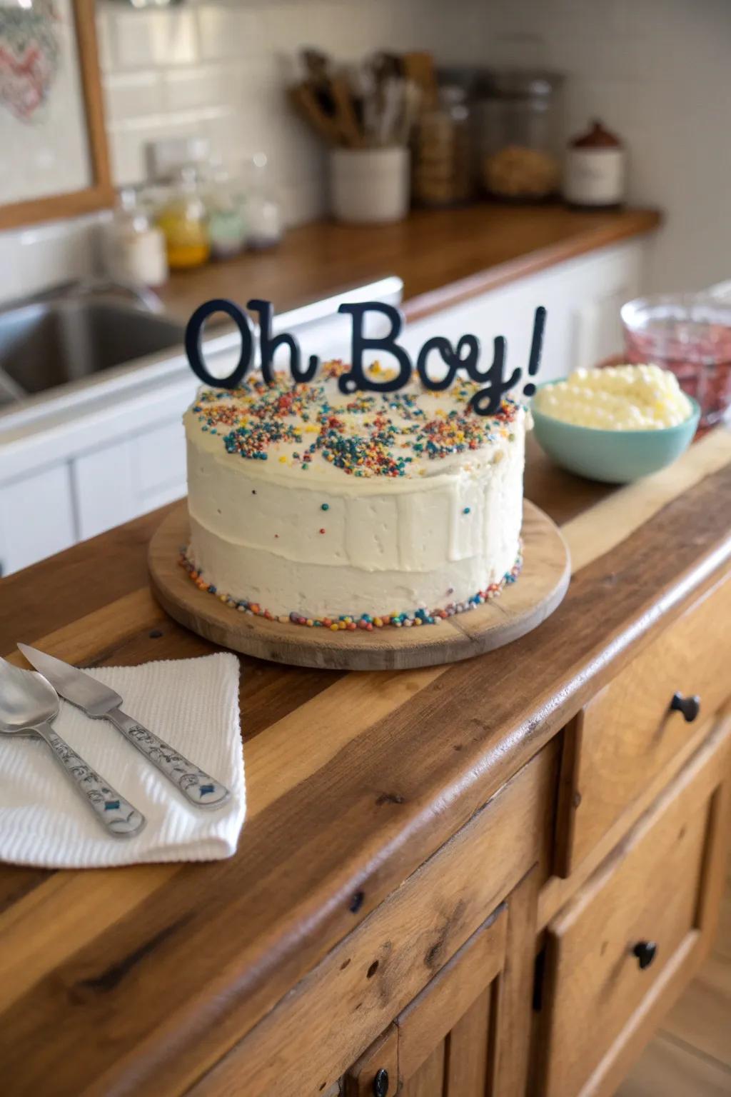 'Oh Boy!' themed cake for an enjoyable baby shower detail.