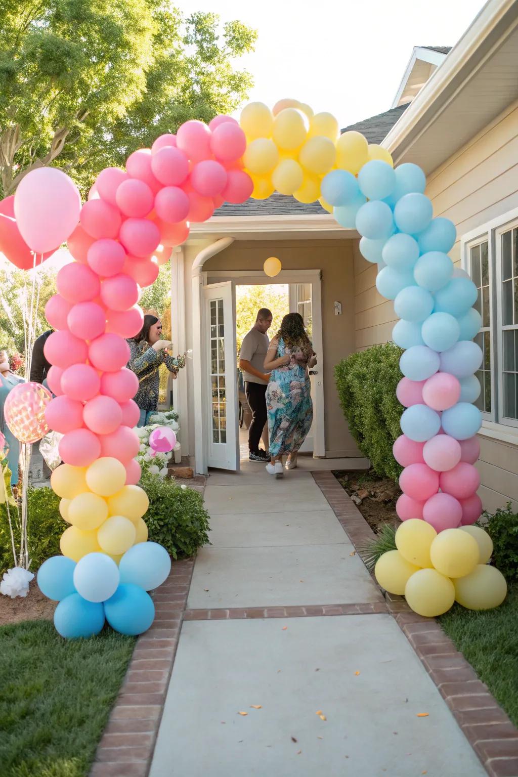 A vibrant balloon framework infuses the baby shower entrance with joy and vivid color.