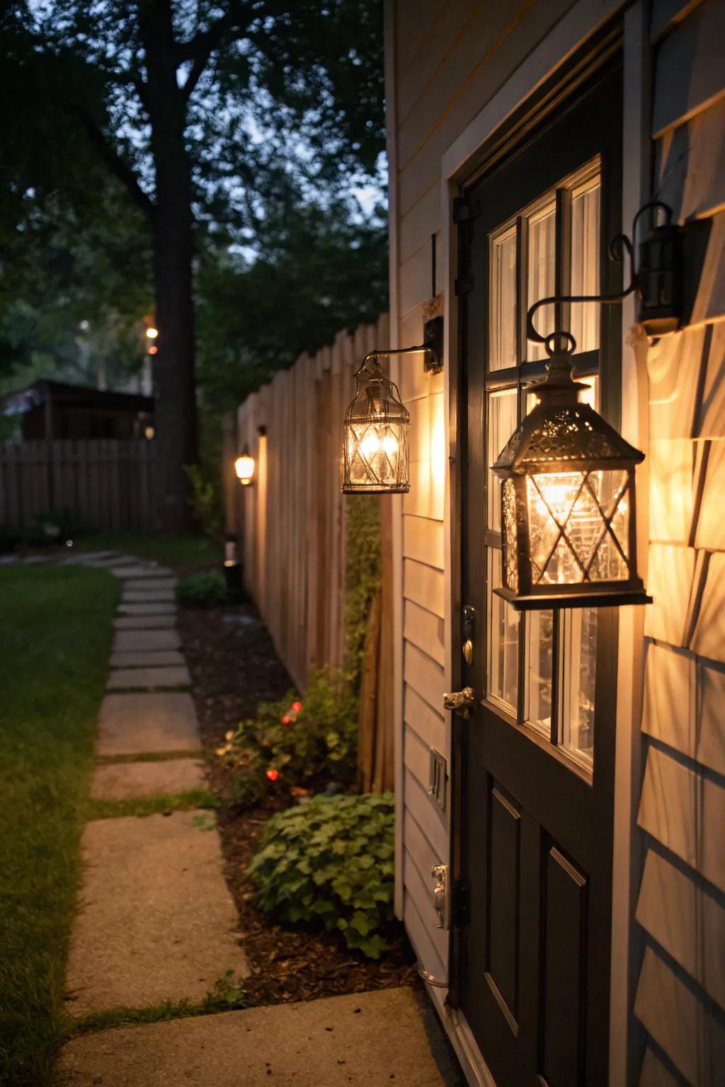 Classic lanterns emit a cozy radiance at the back door.